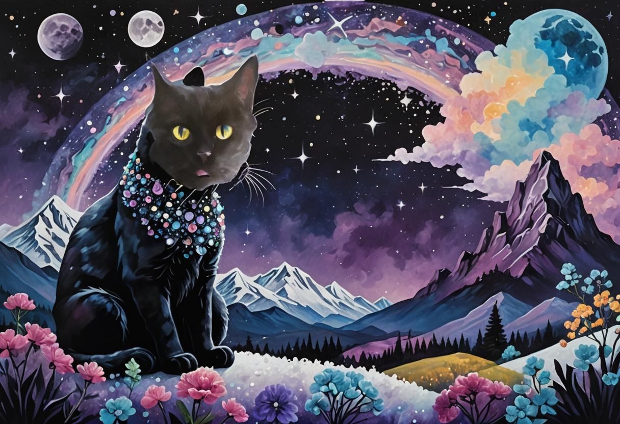 Vibrant Crystal Cat in Midnight Fantasy Landscape