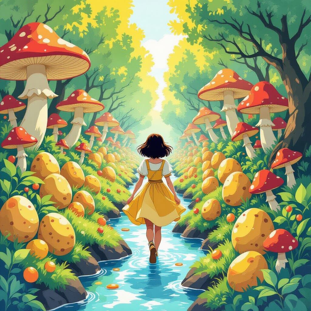 Whimsical Woman in Potato Landscape, Watercolor Style