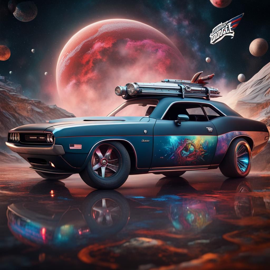 Graffiti Dodge Challenger Does a Trick in Space
