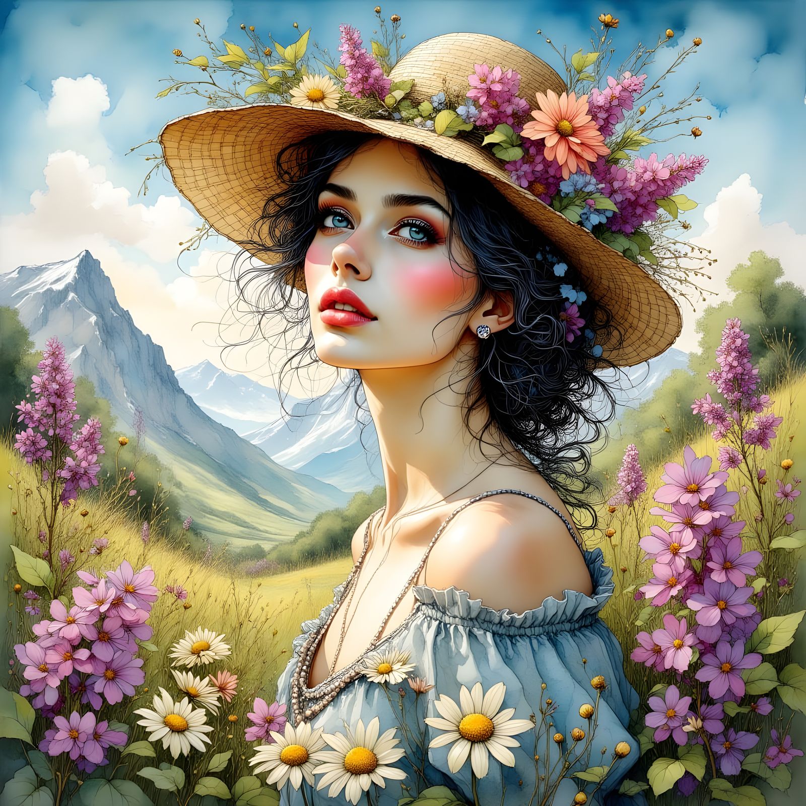 Asian Woman in Floral Hat, Art Nouveau Style