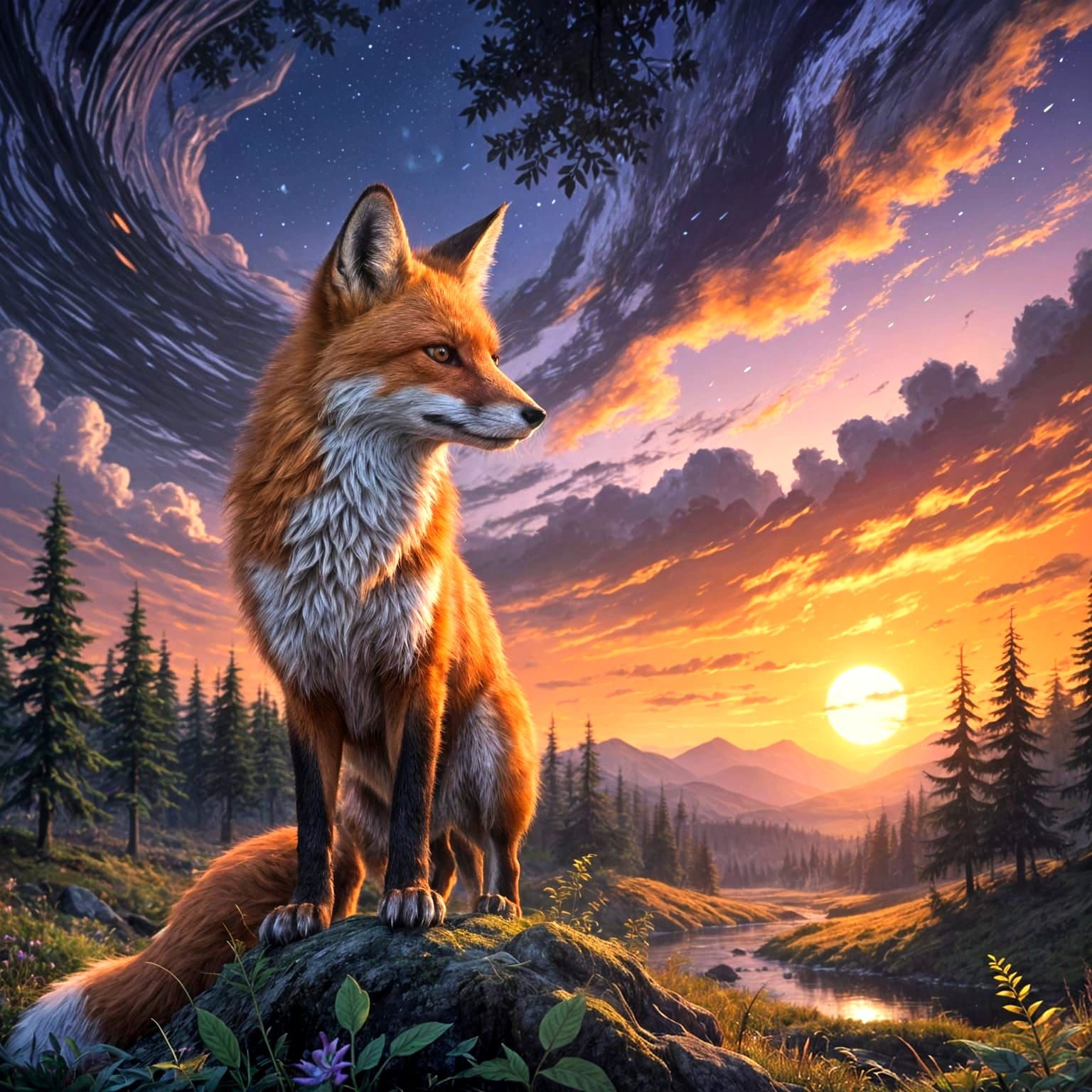 Fox in Mysterious Forest at Golden Hour