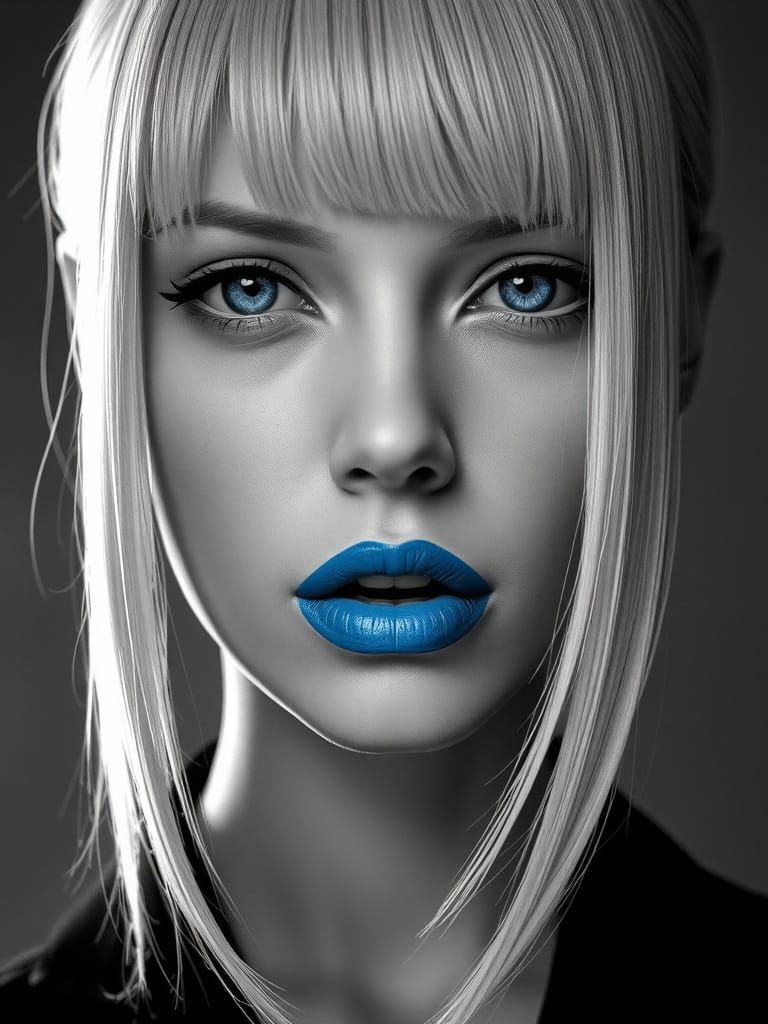 Monochrome Portrait with Blue Accents in Digital Art Style