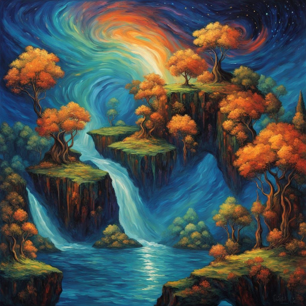 Surreal Infinite Waterfall in Cosmic Oil Painting Style