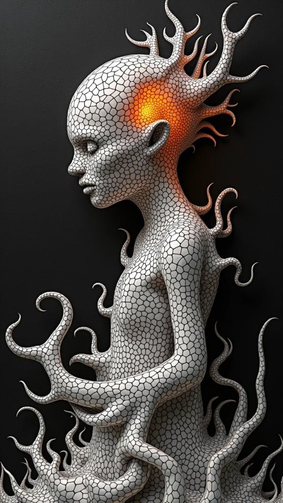 Ghostly Figure Emerging from Fractal Mosaic