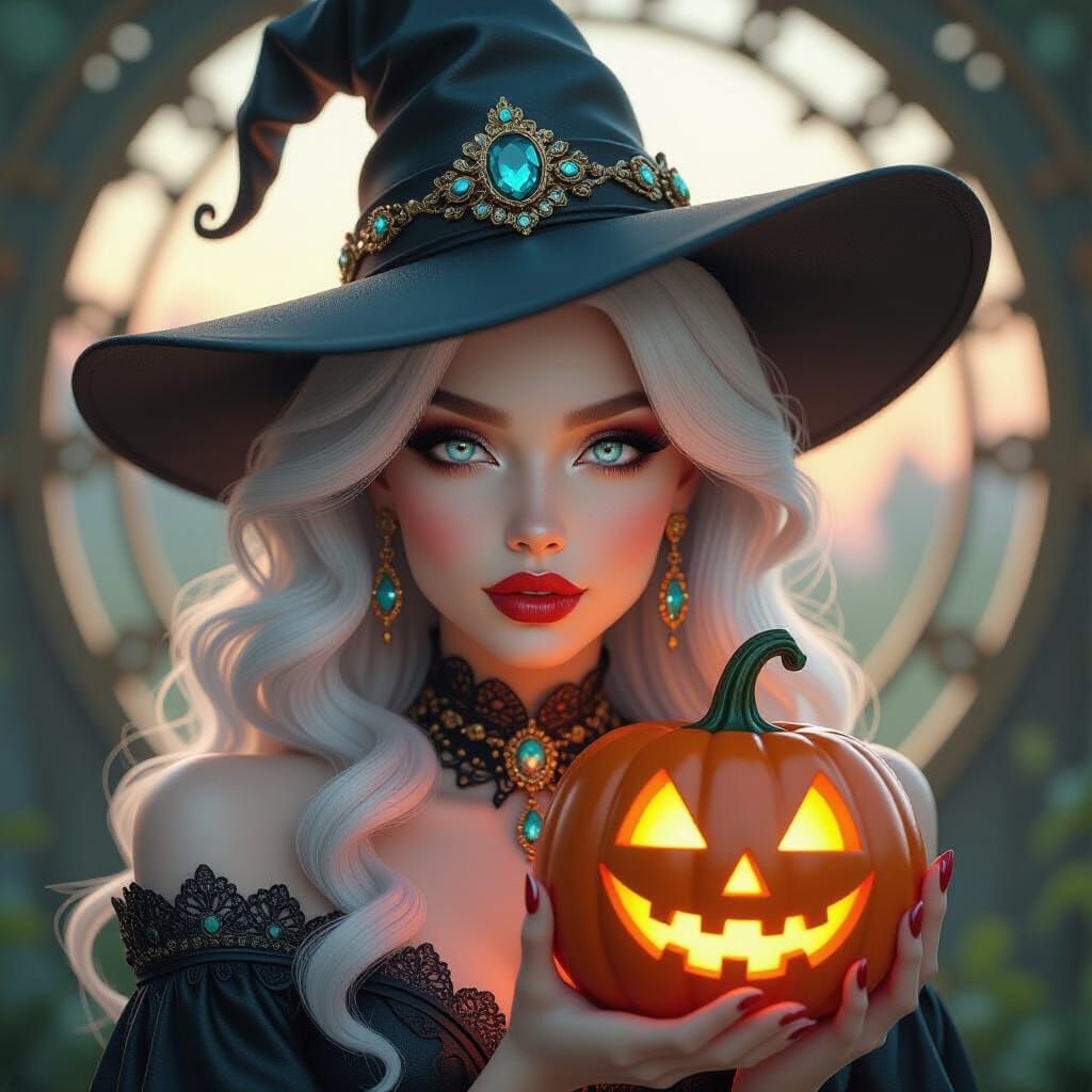 Albino Femme Fatale Witch with Glowing Jack-o'-Lantern