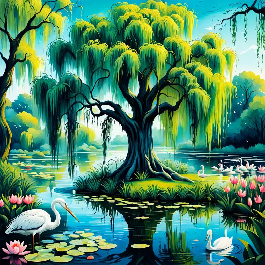 Weeping Willow and Pond in Graffiti Art Style