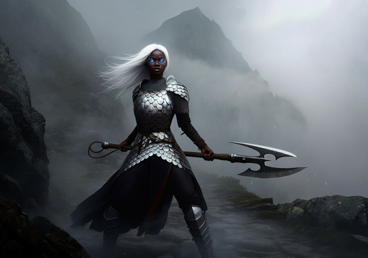 Gritty Warrior Goddess on Mountainous Terrain