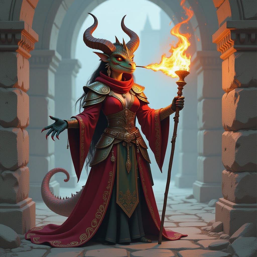 Crimson Dragonborn Exhaling Fire in Fantasy Art Style