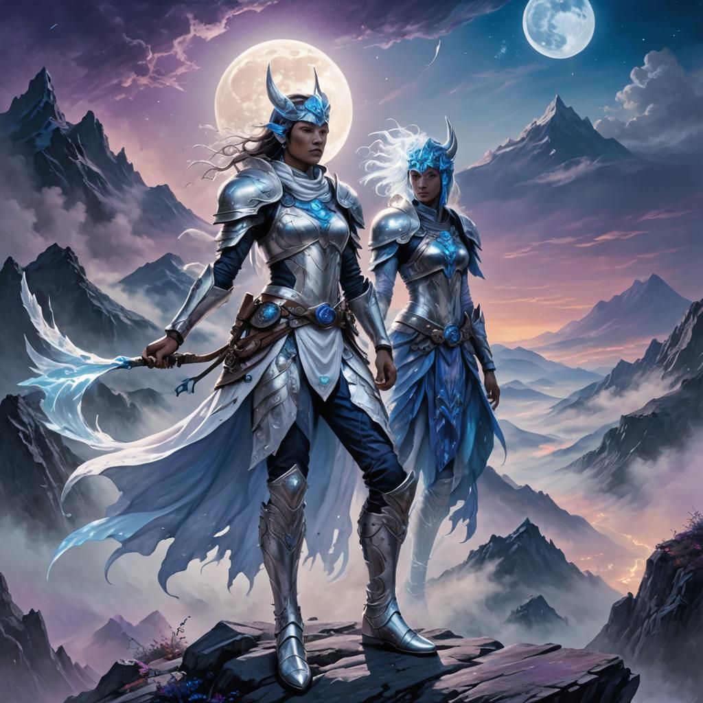 Moon Warrior on Misty Peak: Fantasy Illustration