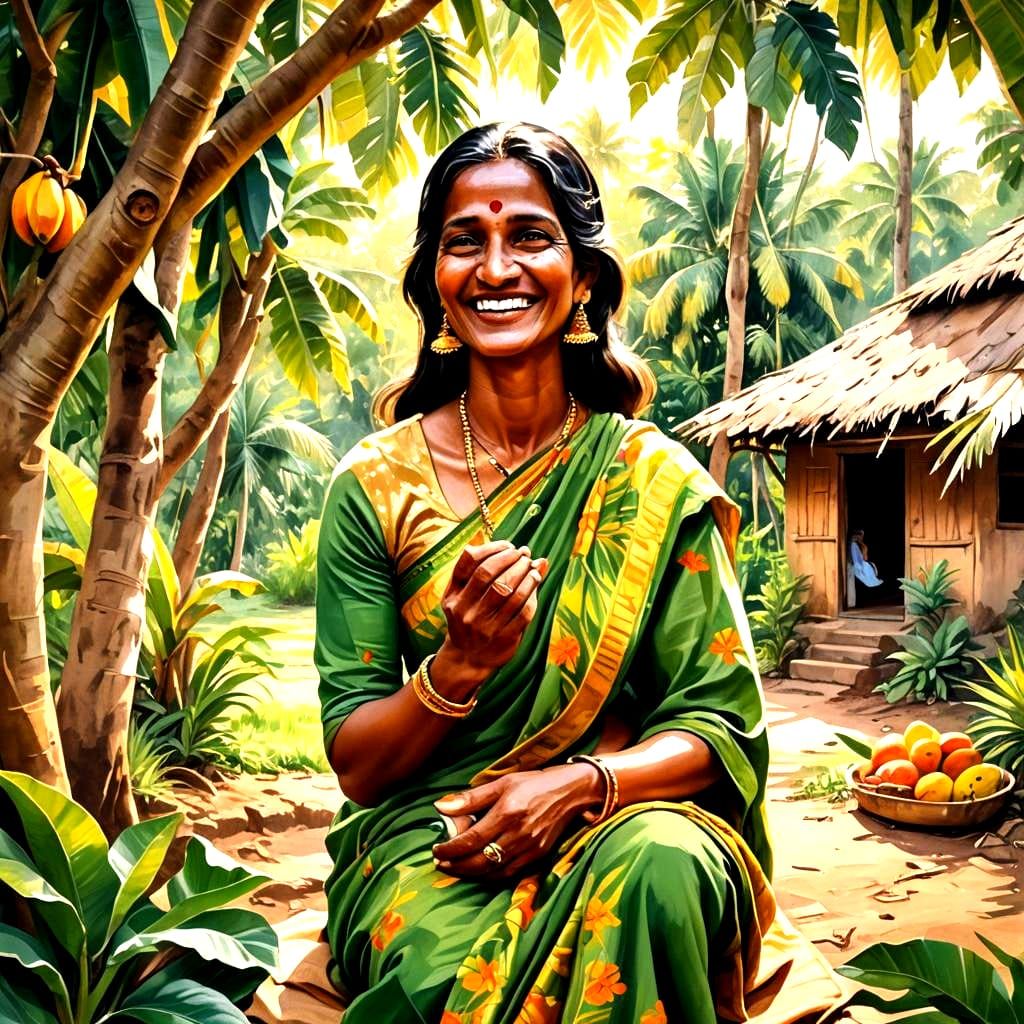 Mother and Newborn in Traditional Village, Gouache Style