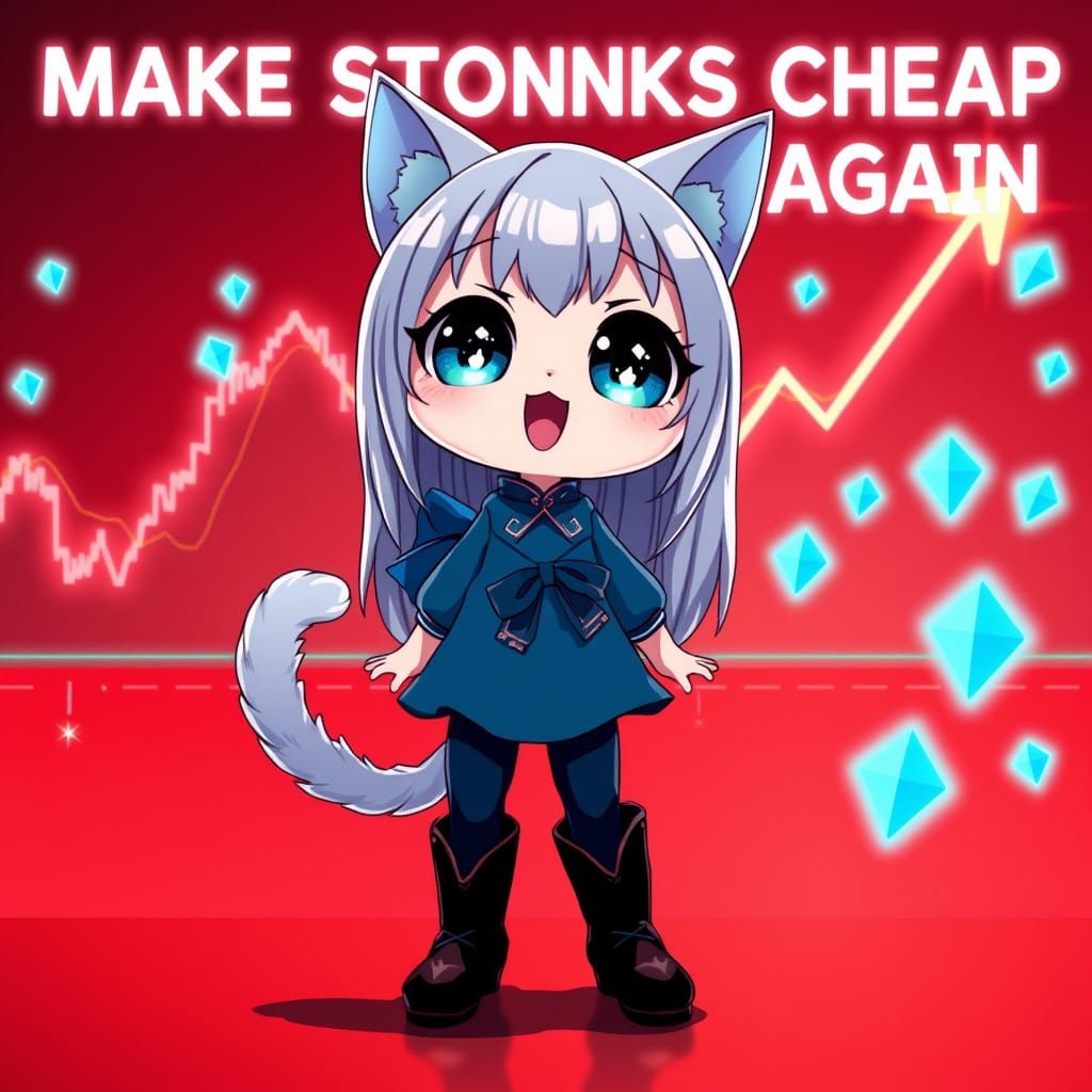 Anime Catgirl Stands Before Downtrending Stock Chart