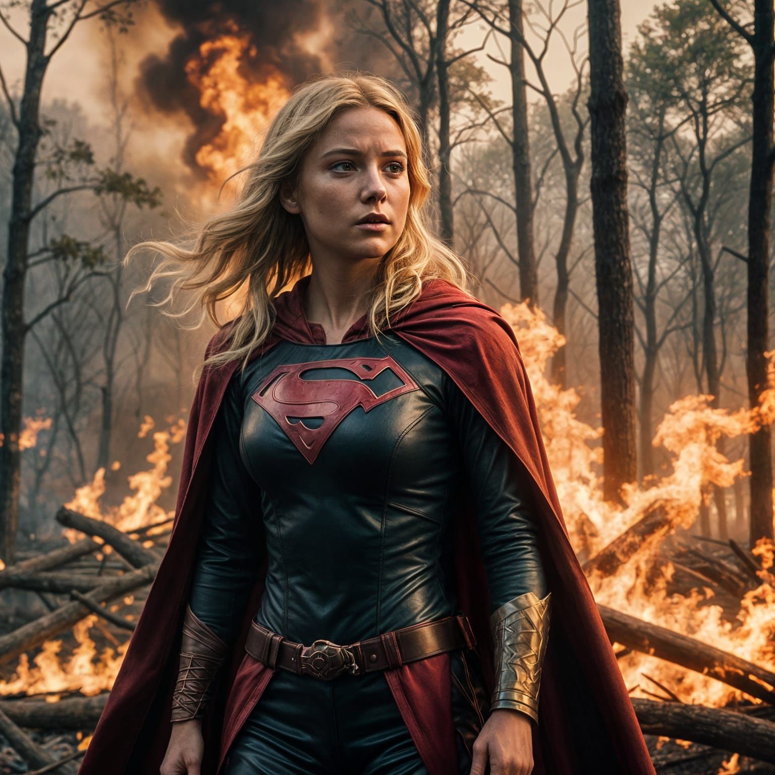 Supergirl Amidst Wildfire: A Cinematic Film Still