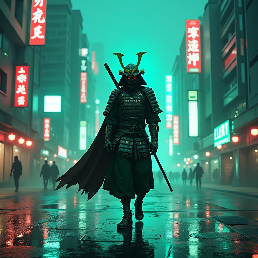 Futuristic Samurai in Dystopian Metropolis: Matte Painting