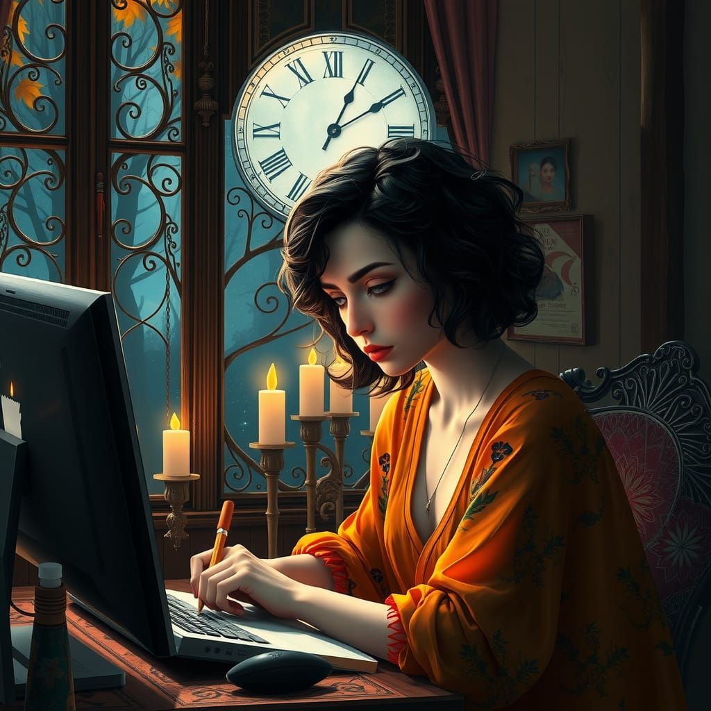 Fantasy Writer Portrait in Autumn Halloween Setting