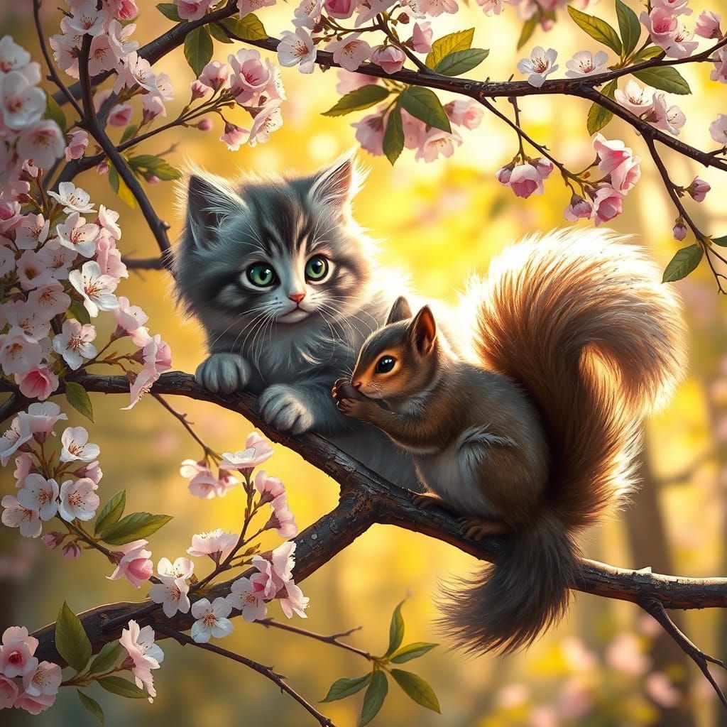 Whimsical Kitten in a Sunlit Forest Scene