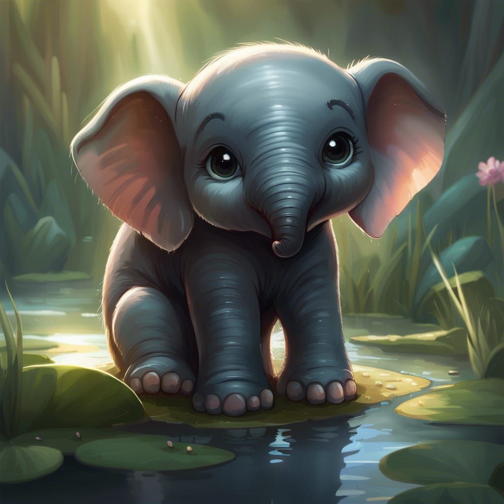 Adorable Baby Elephant in Pond: Detailed Digital Art