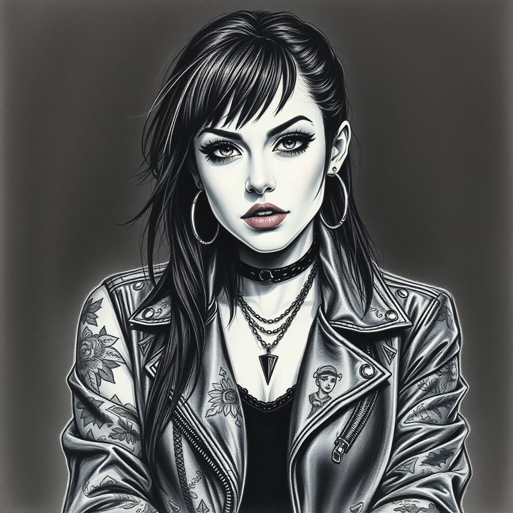 Dark Emo Queen with Bold Tattoos and Pierced Nose in Charcoa...