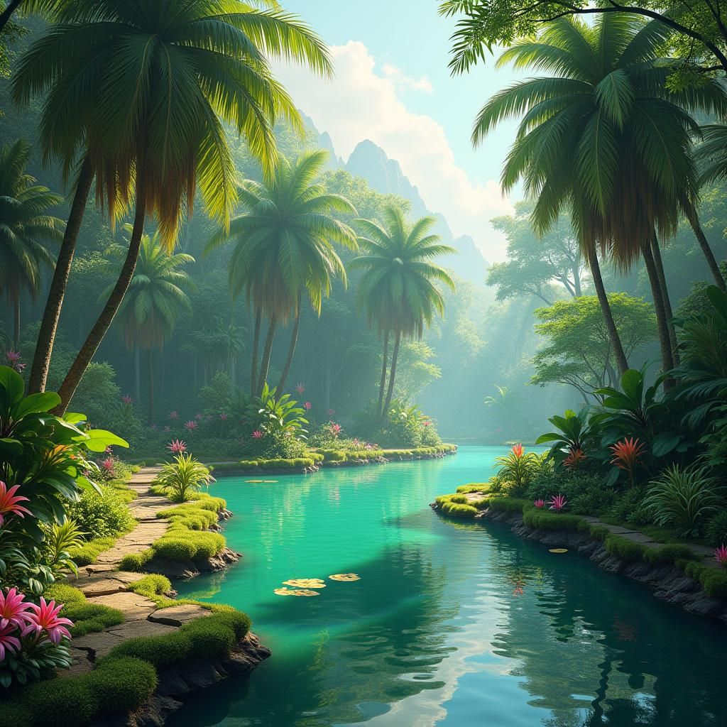Lush Tropical Park with Turquoise Pond, Matte Painting