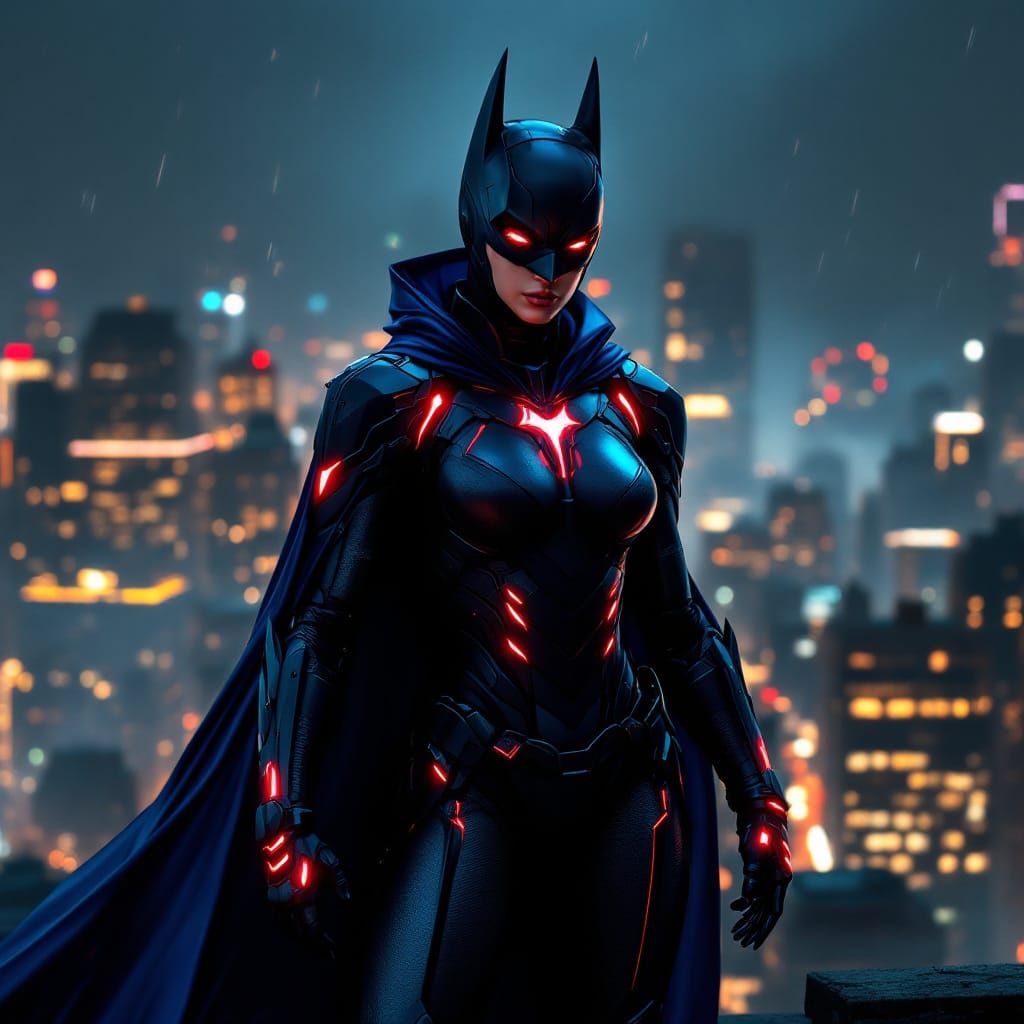 Female Batman Iron Man Fusion Hero on Gotham Rooftop