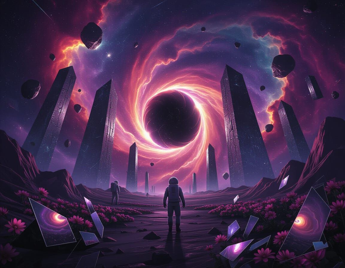 Cosmic Dreamscape with Nebulae Portals and Astronaut