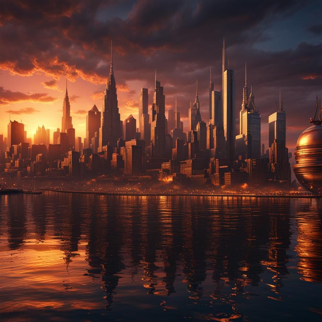Sunset Cityscape: Detailed Matte Painting in 8K