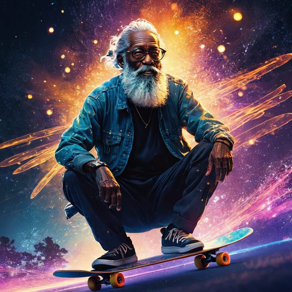Anime Grandpa Shreds: Vibrant Double Exposure Skateboarding