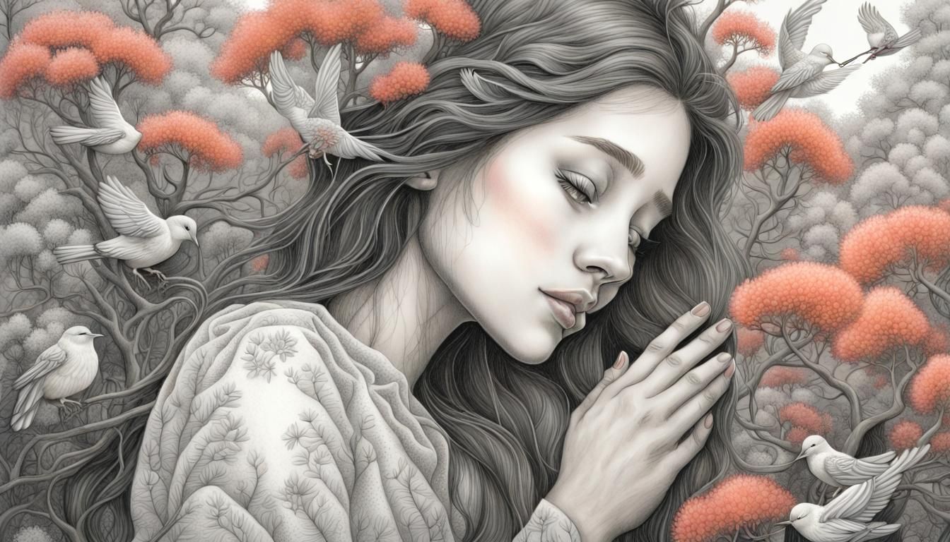 Fairytale Girl Hugging Tree in Magic Realism Style