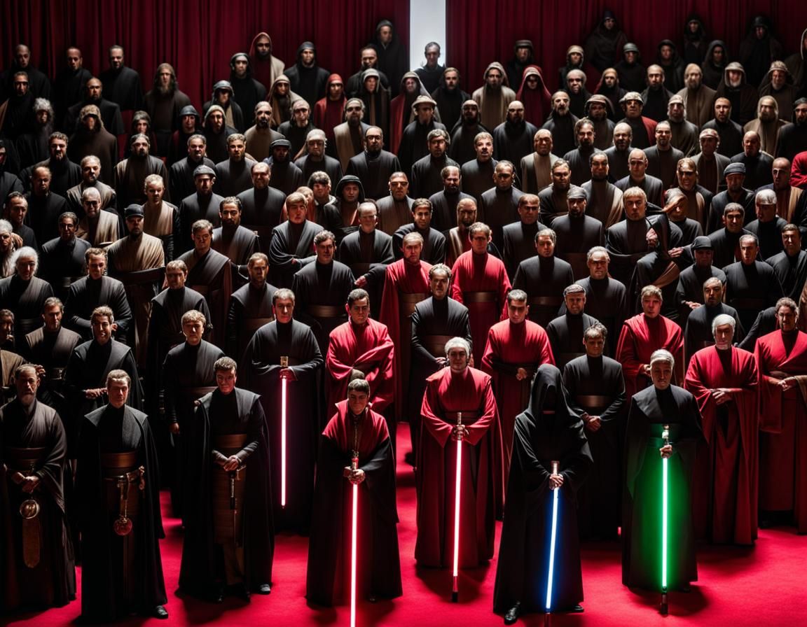 Un consejo Jedi corrupto con sables laser, reunido en una sala vestidos con túnicas tradicionales  claras de lujo sentad...