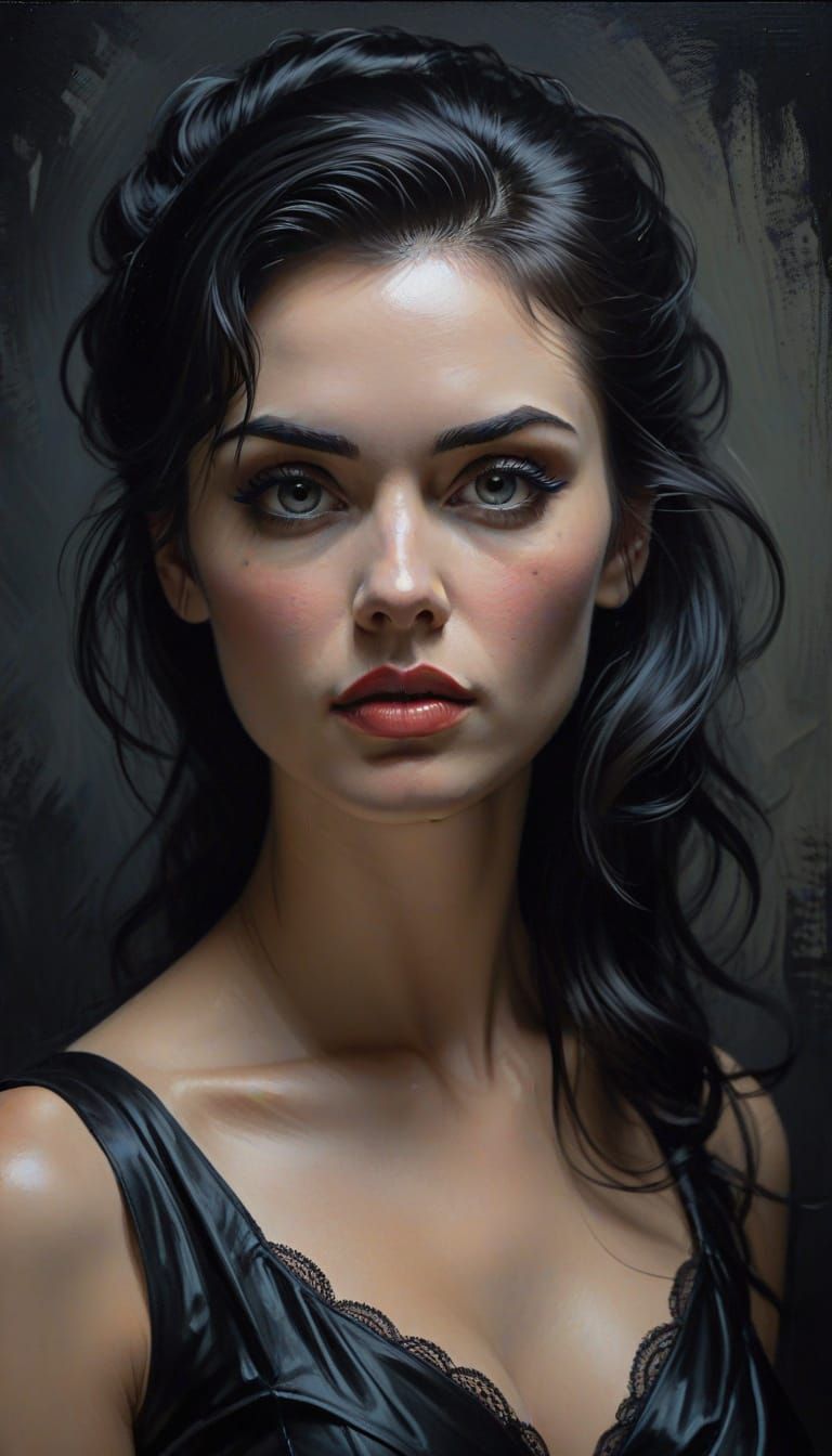 Gothic Pin-up Model in Moody Gouache Painting