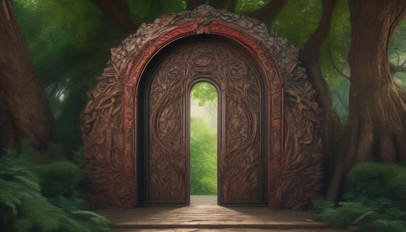 Wide shot Photorealistic, hyper realistic
An intricate arch door carved into a tree.
vivid green and brown red and bla...