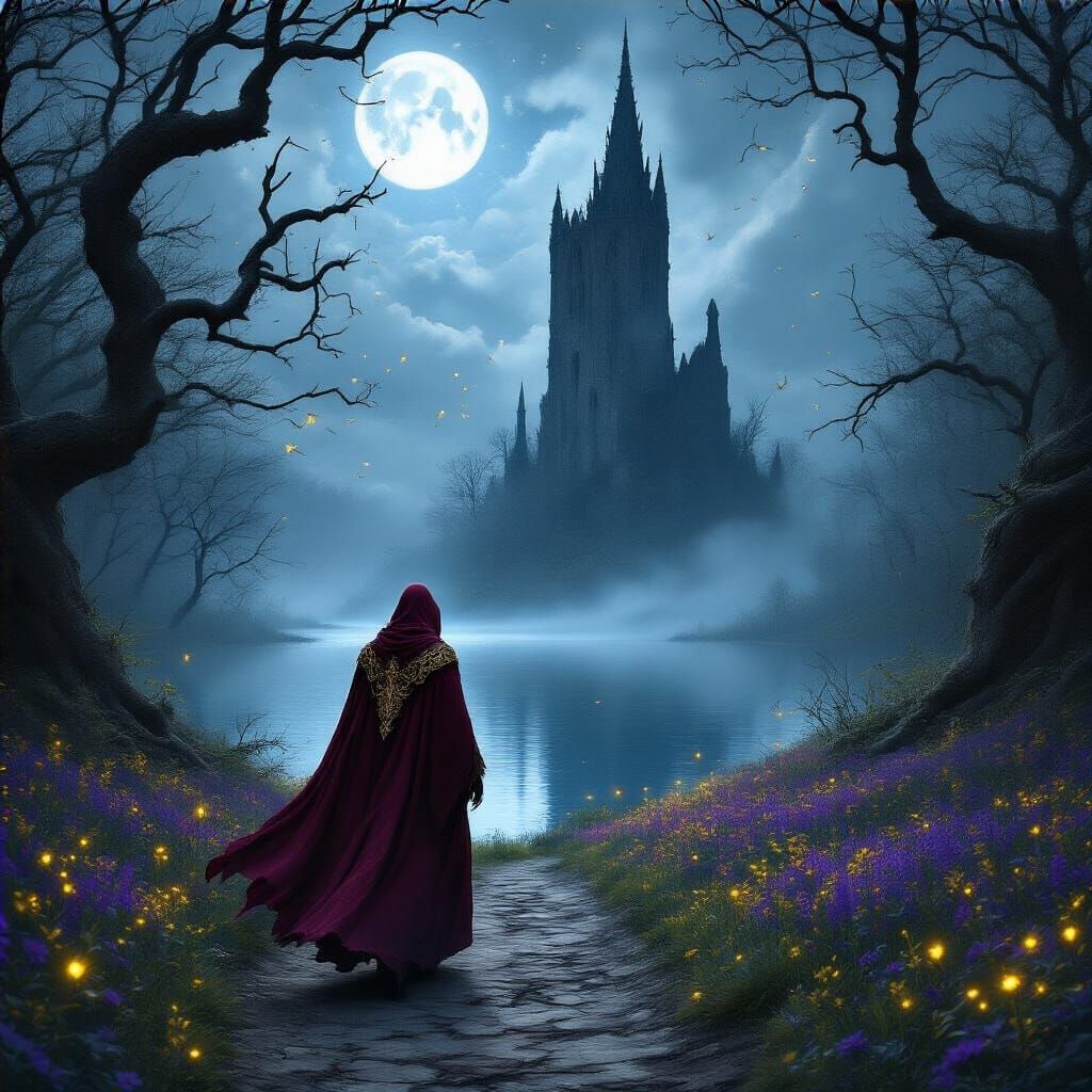 Crimson Figure in Moonlit Forest: Gothic Digital Art