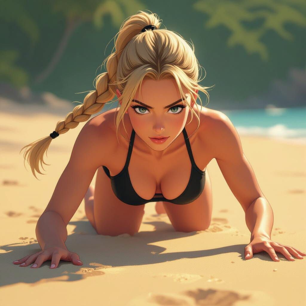 Anime Beach Scene: Woman in Bikini Crawling