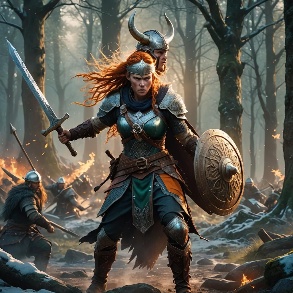 Viking Female Warrior in Mystical Forest, Fantasy Realism