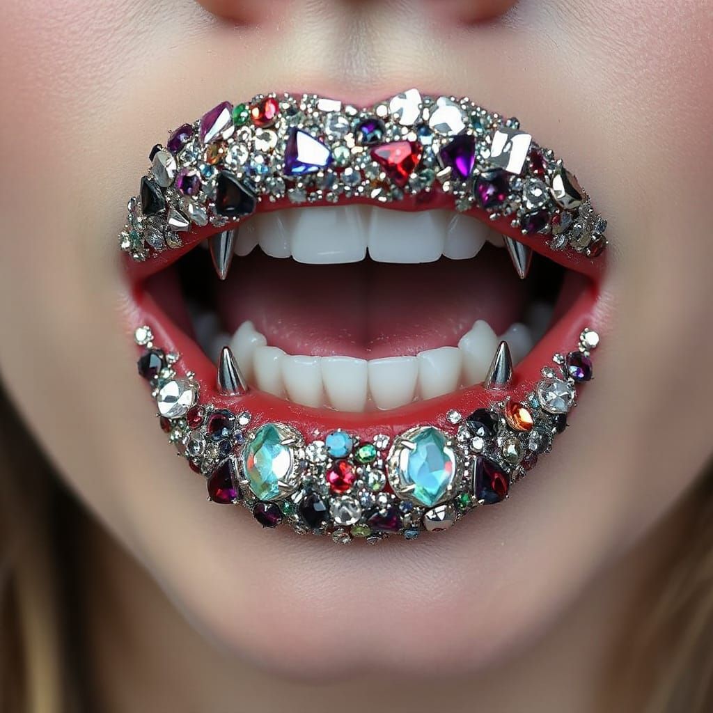 Bejeweled Vampire Lips with Chrome Fangs