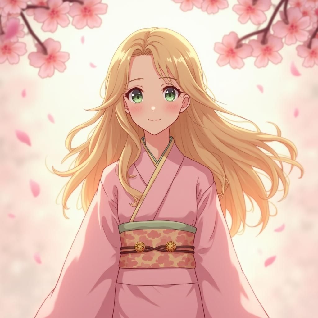 Girl in Kimono with Cherry Blossoms, Anime Style