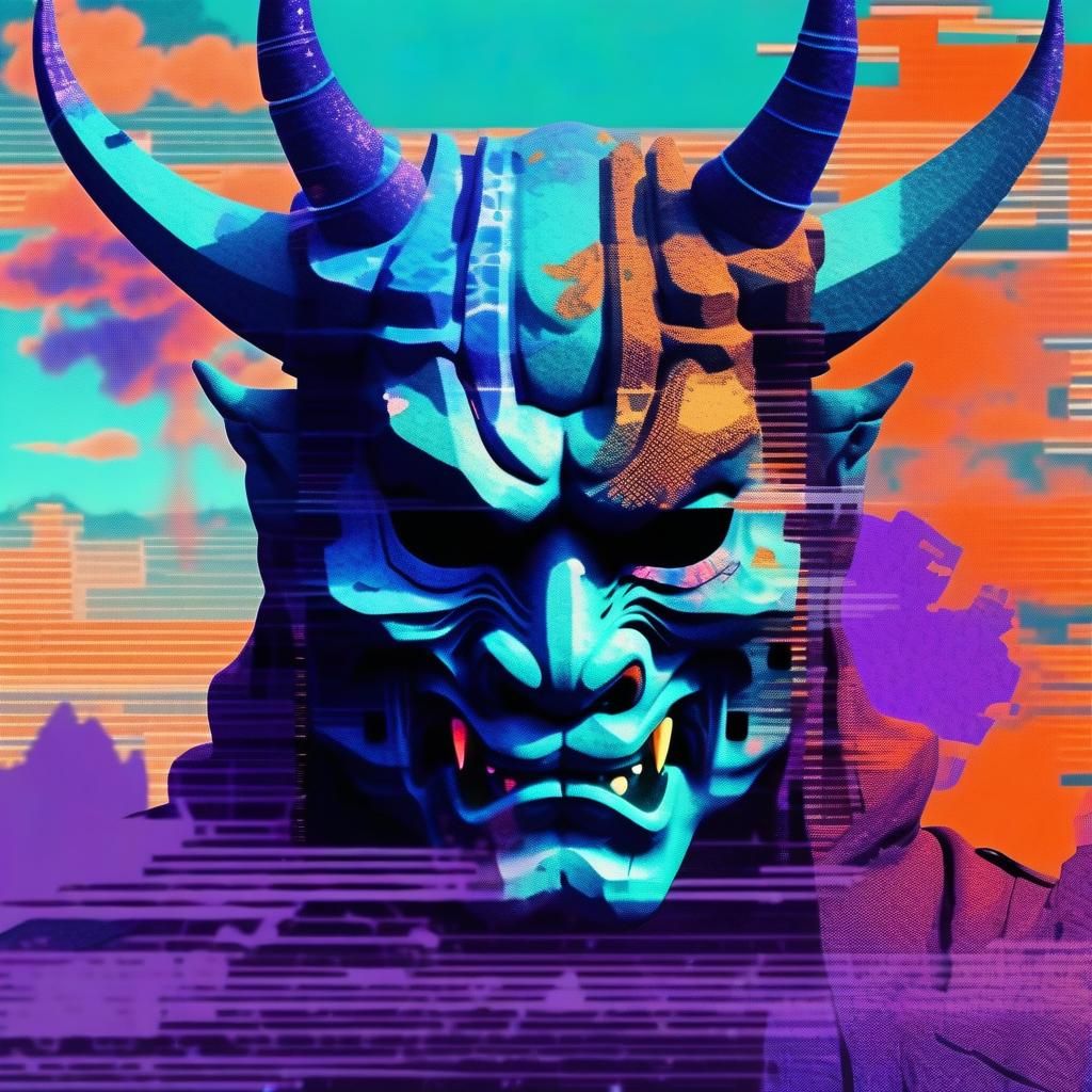 Glitched Oni Mask in Dystopian Japanese Landscape