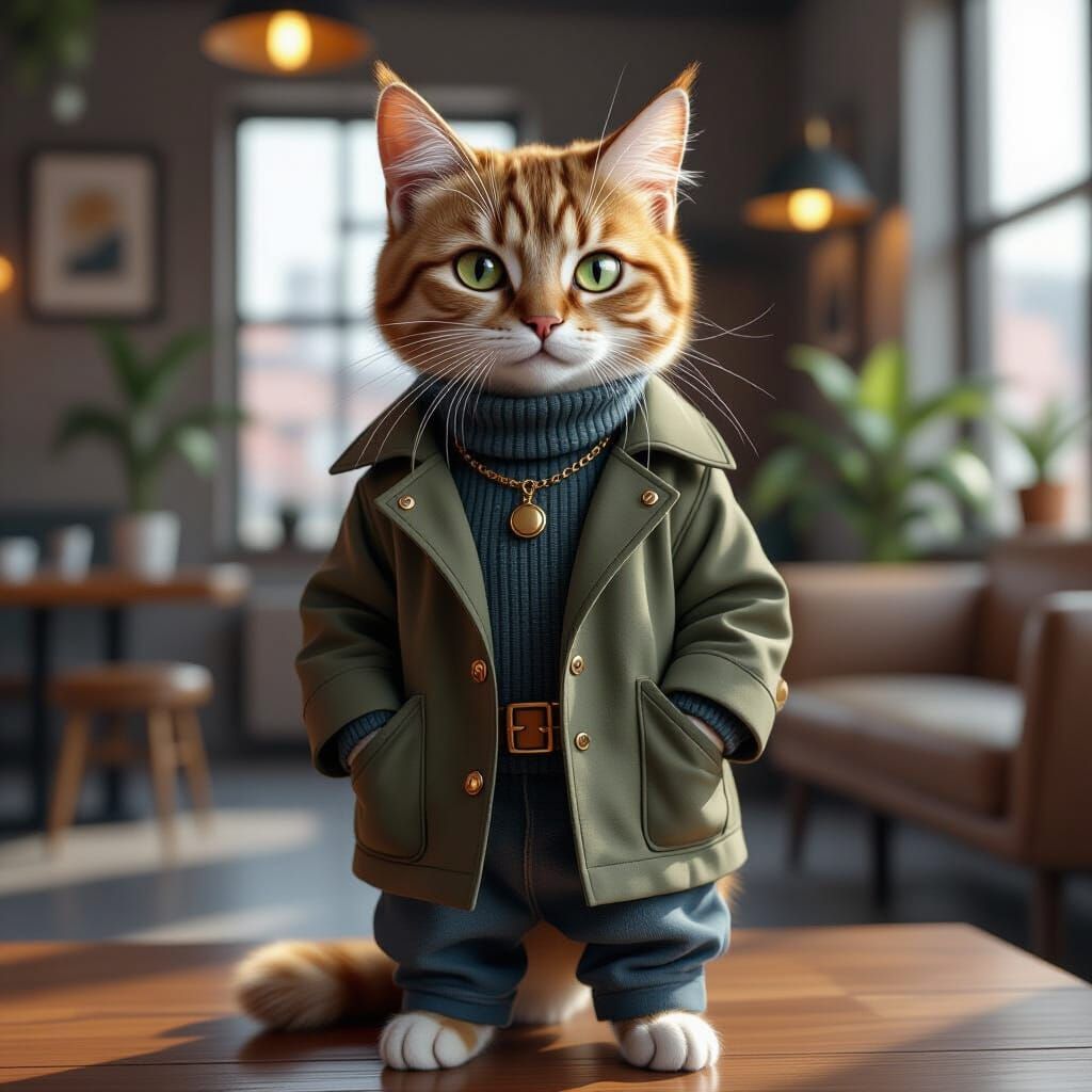 Cat in Modern Outfit: Hyperrealistic Digital Art