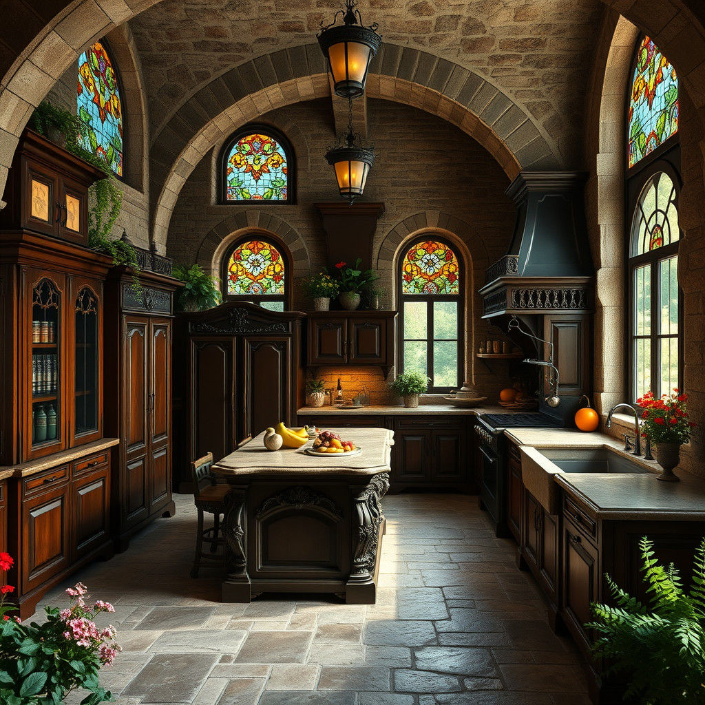 French-Style Fantasy Kitchen with Stone Arches