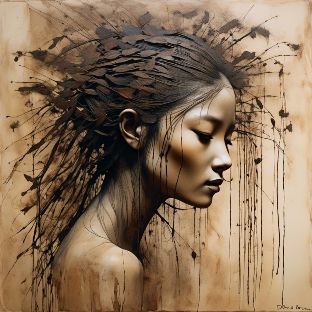 Ethereal Mist Nymph Portrait in Sosaku Hanga Style