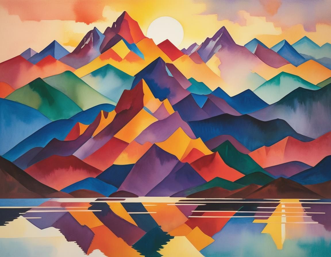 Cubist Mountain Lake at Sunset in Watercolor