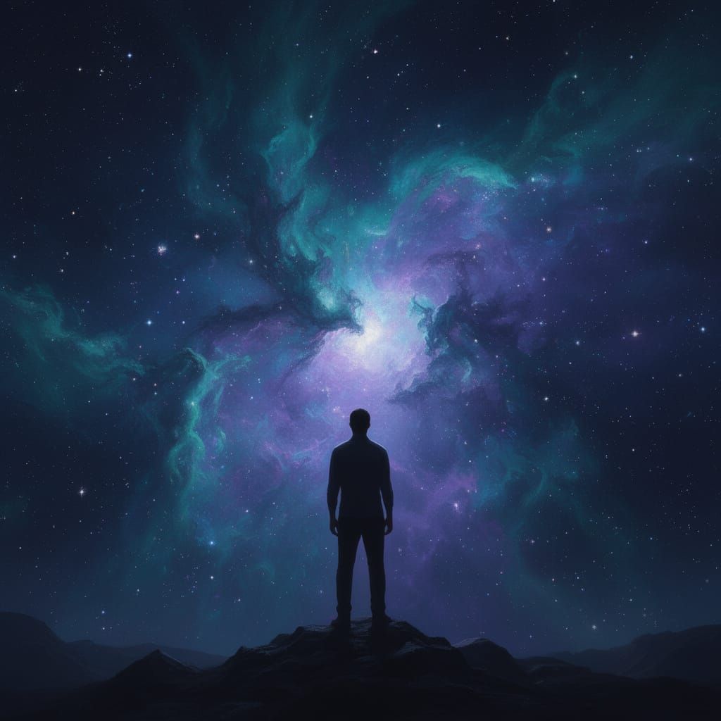 Lone Figure Gazes at Starry Nebula in Digital Matte Painting