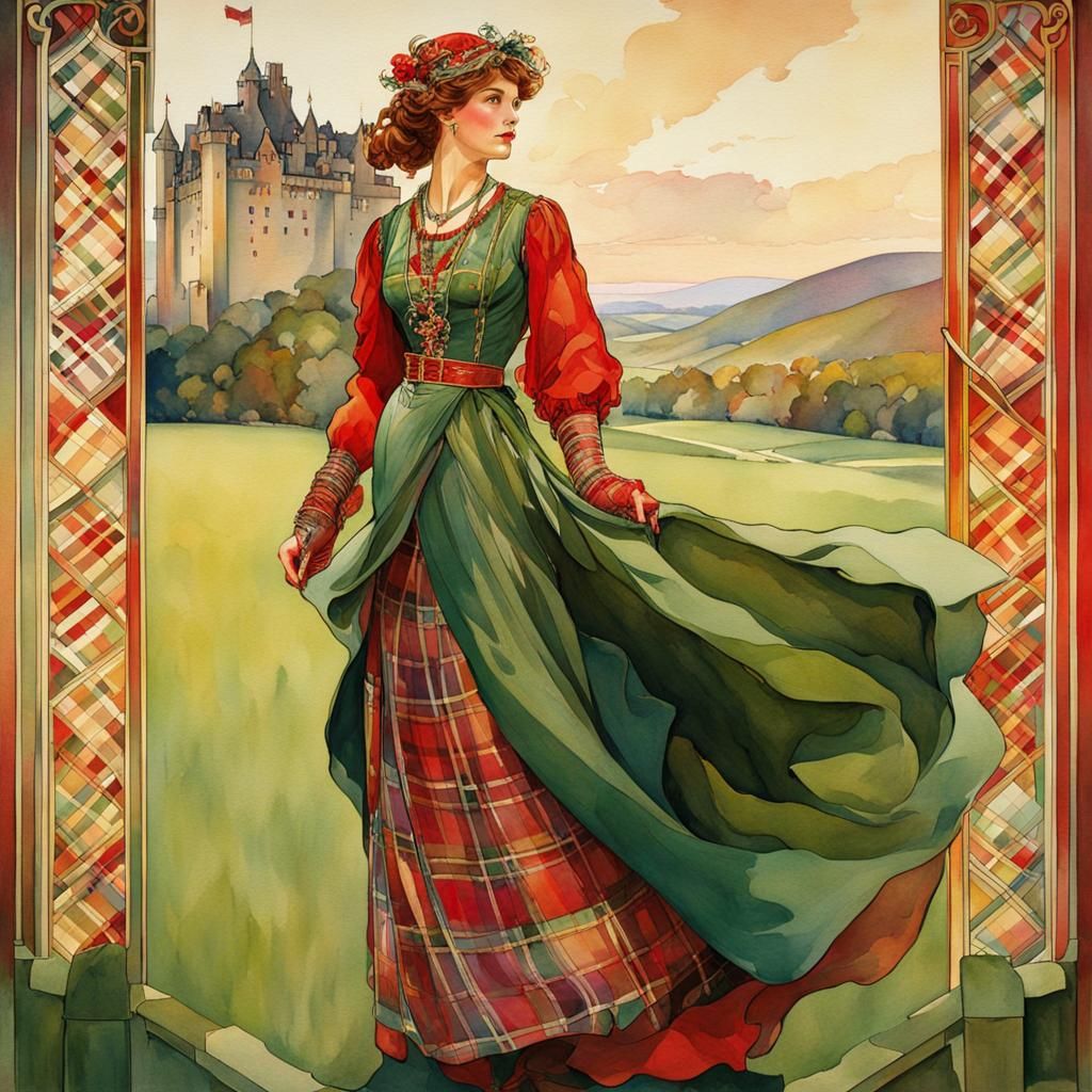 Elegant Lady in Plaid Dress at Scottish Castle