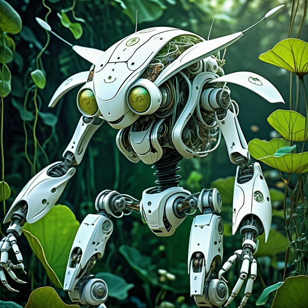 Cartoon White Lotus Mantis Robot in Biopunk Style