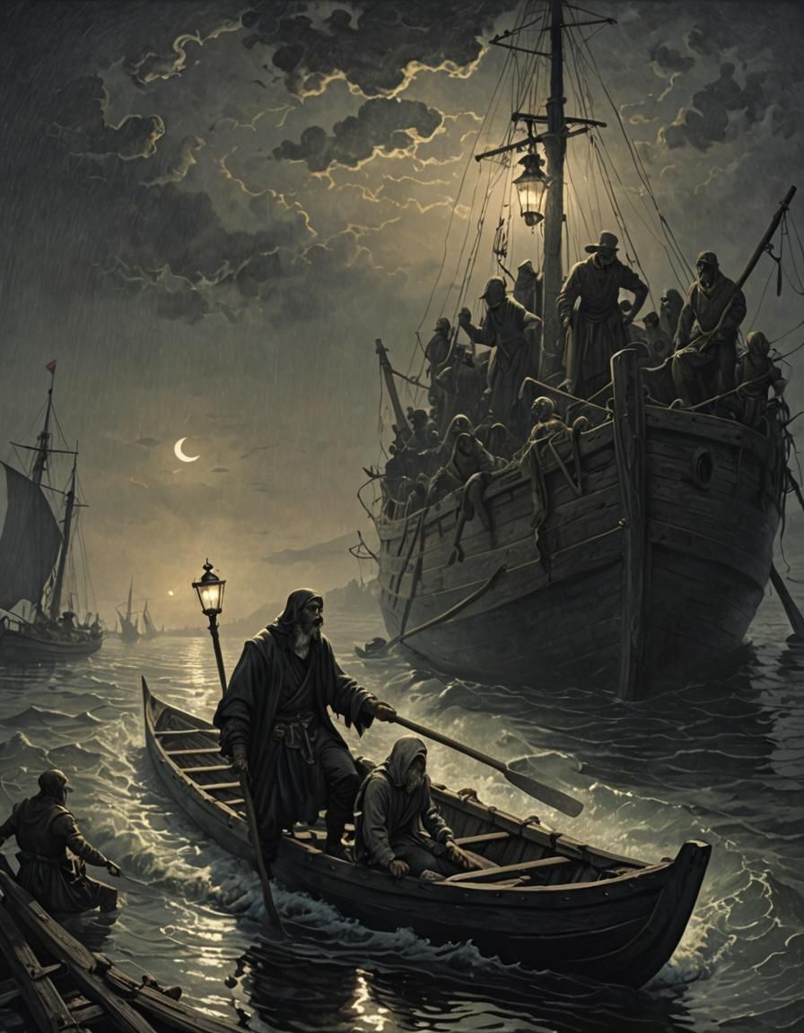 Ferryman on Endless Waters: A Gothic Horror Scene