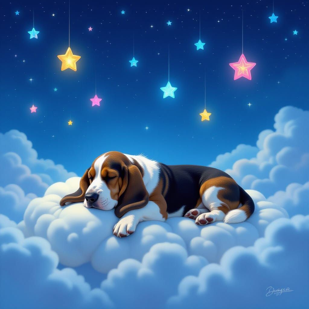 Basset Hound Dreams on Cloud in Magical Night Sky