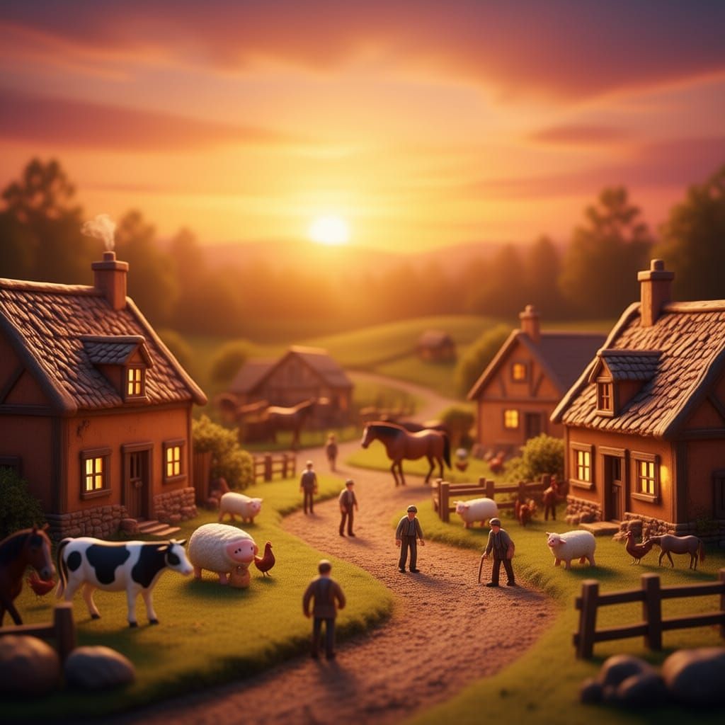 Intricate Miniature Clay Village at Golden Sunset