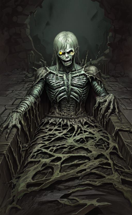 Gothic Zombie Lich in a Damaged Coffin, 19th Century Dungeon...
