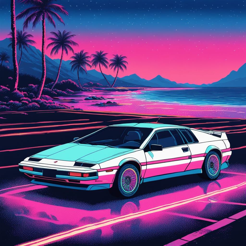 Vaporwave 1980s Beach Scene in Neon Light