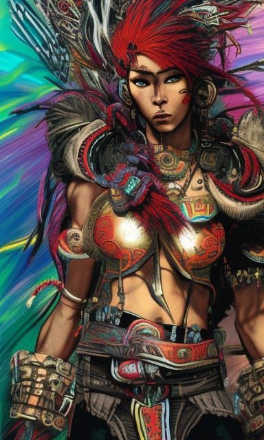 Aztec Warrior Princess Concept Art in Neon Inks
