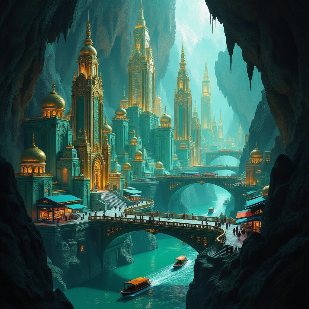 Jade Sci-Fi City in Underworld Caves with Golden Skyscrapers